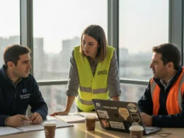 Riunione di team con tutti i collaboratori vestiti con abbigliamento aziendale personalizzato.
